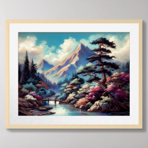 Poster Dessin Pastel Paysage chinois antique Montagne