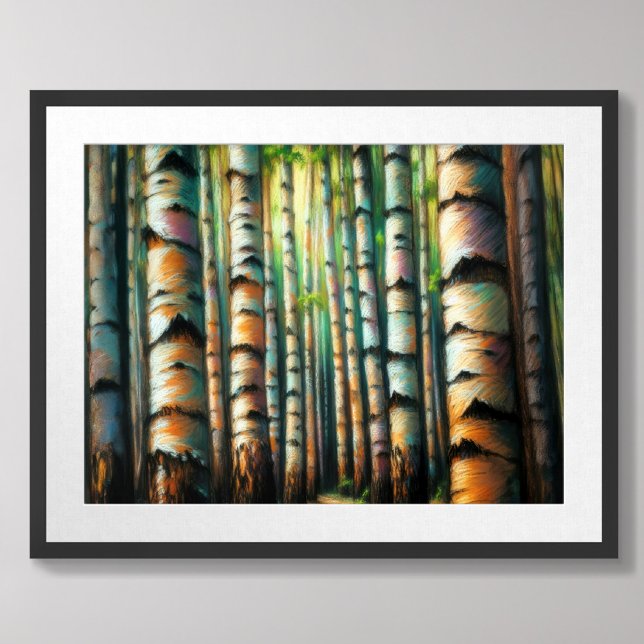 Poster Dessin pastel Troncs forestiers de bouleaux (Créateur téléchargé)