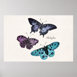 Poster Dessin rose pourpre bleu turquoise vintage de