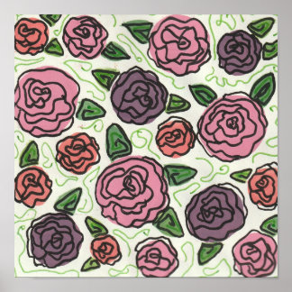 Poster Dessin simple en ligne de Roses rouge et violet