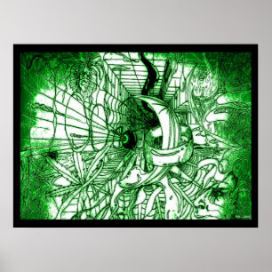 Poster Dessin surréaliste psychédélique vert
