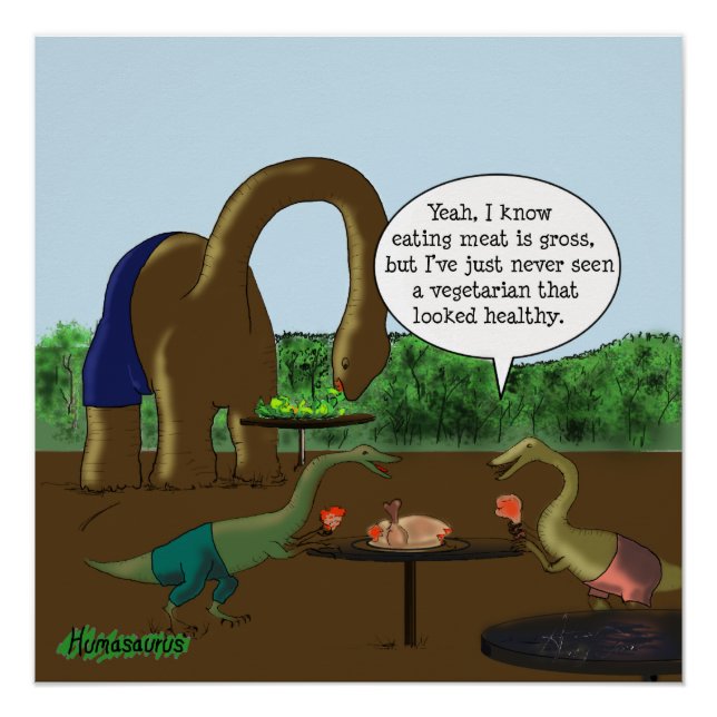Poster Dessin végétarien contre carnivore Dinosaures (Devant)