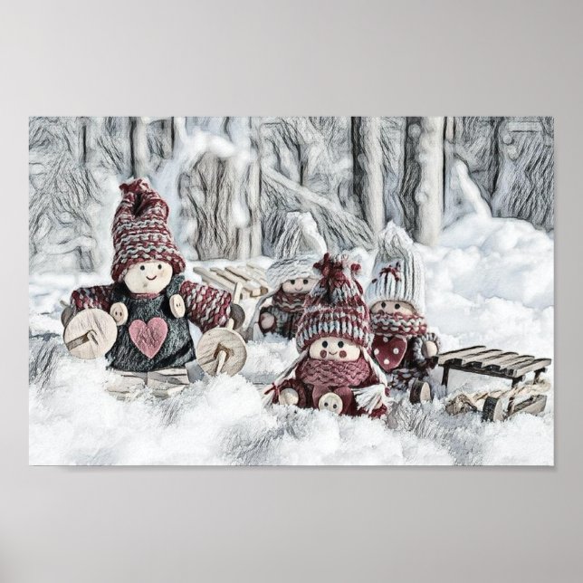 Poster Dessin vintage de Gnomes dans la neige (Devant)