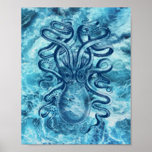 Poster Dessin Vintage Graphique Blue Sea Waves & Octopus