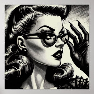 Poster Dessin vintage pour fille noir et blanc