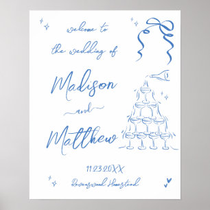 Poster Dessins à main Champagne Pour Mariage Bienvenue