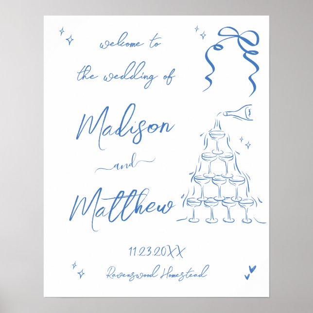 Poster Dessins à main Champagne Pour Mariage Bienvenue (Devant)