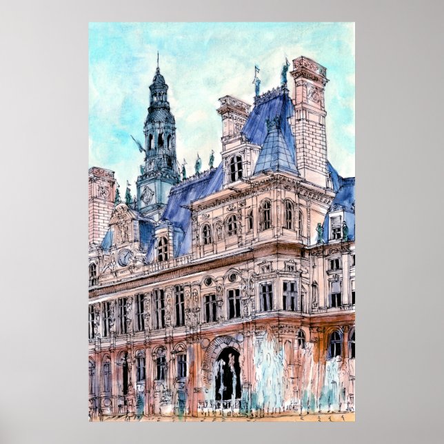 Poster Destinations | Watercolor Rustic Hotel de Ville (Devant)