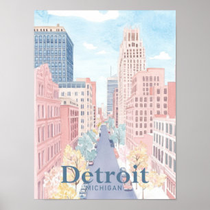 Poster Détroit Michigan Aquarelle Peinture Voyage
