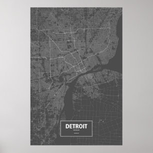 Poster Detroit, Michigan (blanc sur noir)
