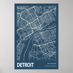 Poster Détroit Michigan City Map Line Art Blue Print