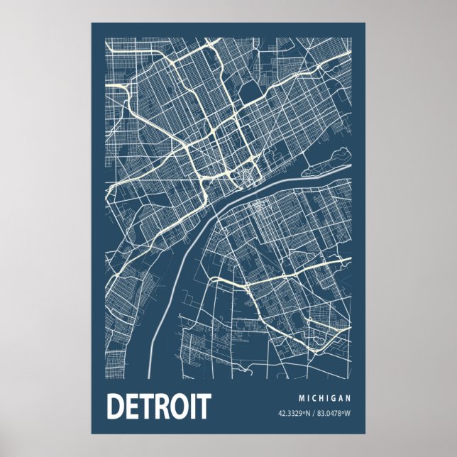 Poster Détroit Michigan City Map Line Art Blue Print (Devant)