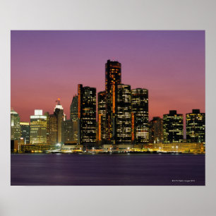 Poster Detroit, Michigan Skyline à la nuit