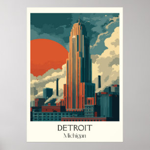 Poster Detroit Michigan Vintage Iconic City Skyline Art