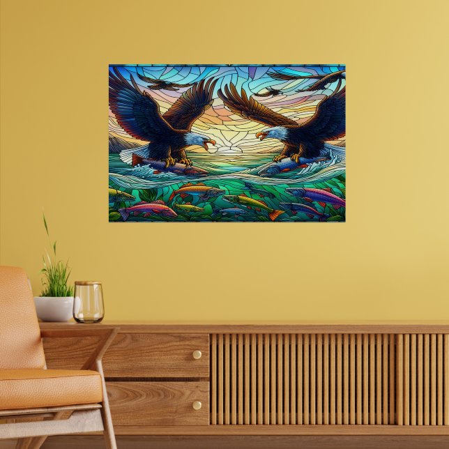 Poster Deux aigles à tête blanche qui capturent du poisso (Salon 2)