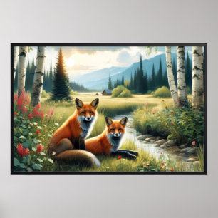 Poster Deux Beaux Renards Rouges Reposant