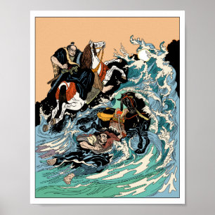 Poster Deux cavaliers samouraïs traversent une mer orageu