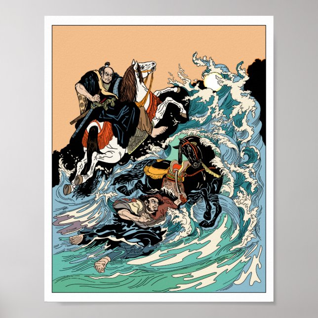 Poster Deux cavaliers samouraïs traversent une mer orageu (Devant)