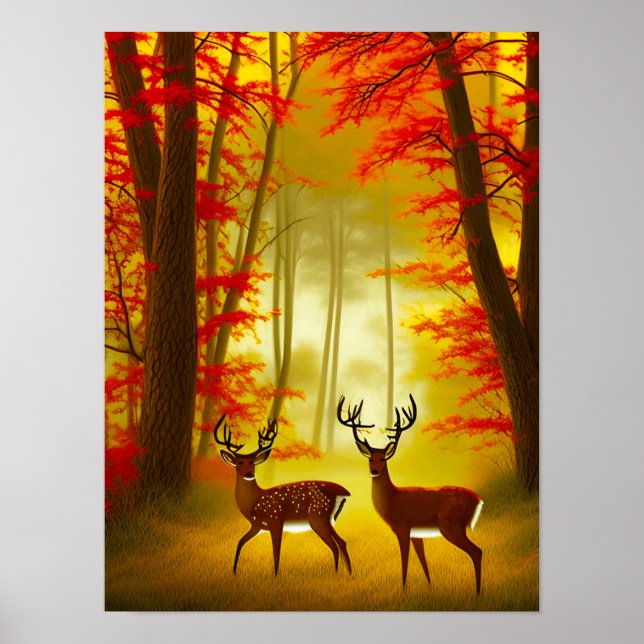 Poster Deux cerfs dans une forêt d'automne / Bois (Devant)