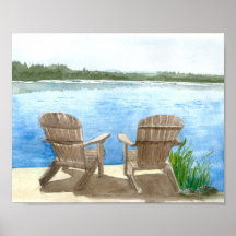 Deux chaises de plage au bord du lac, aquarelle