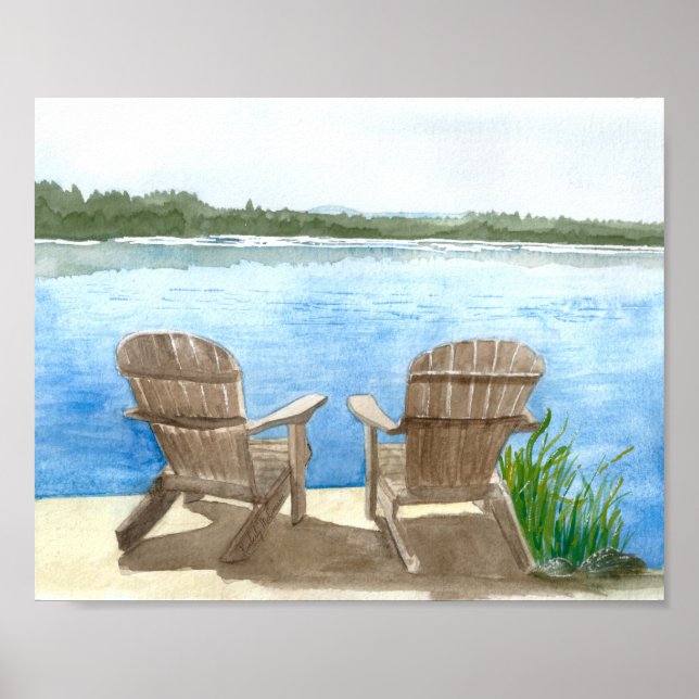 Poster Deux chaises de plage au bord du lac, aquarelle (Devant)