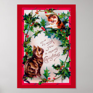 Poster Deux chatons et Noël Holly