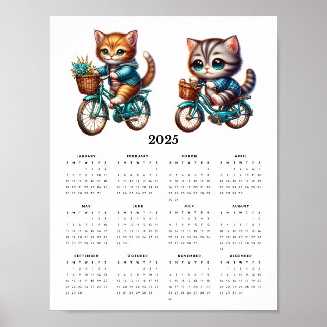 Poster Deux chats à cheval bicyclettes 2025 Calendrier mu (Devant)