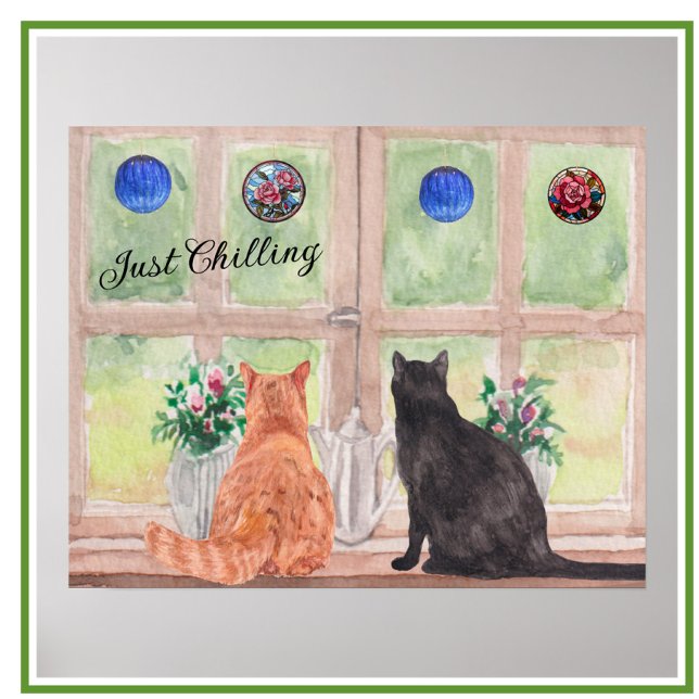 Poster Deux chats à la fenêtre Pittoresque Fleurs sereine (Créateur téléchargé)