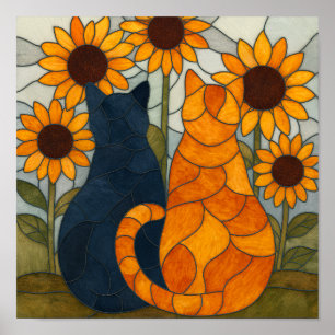 Poster Deux Chats avec Tournesols Motif de Vitrail