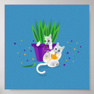 Poster Deux chats blancs géométriques qui jouent autour