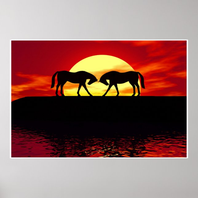 Poster deux chevaux avant le coucher du soleil (Devant)