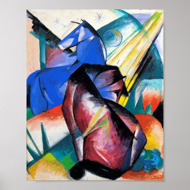 Poster Deux chevaux rouges et bleus de Franz Marc (Devant)