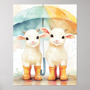 Poster Deux chèvres bébés par jour de pluie
