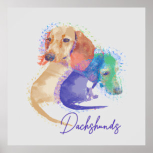 Poster Deux Chiens Dachshund Aquarelle couleur mignonne