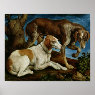 Poster Deux chiens de chasse attachés à un tronçon
