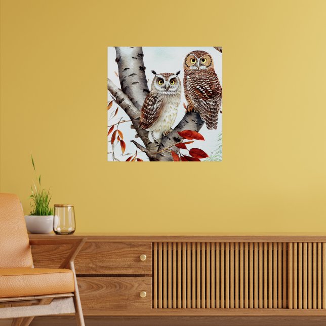 Poster Deux Chouettes assis dans un bouleau blanc à l'aut (Salon 2)