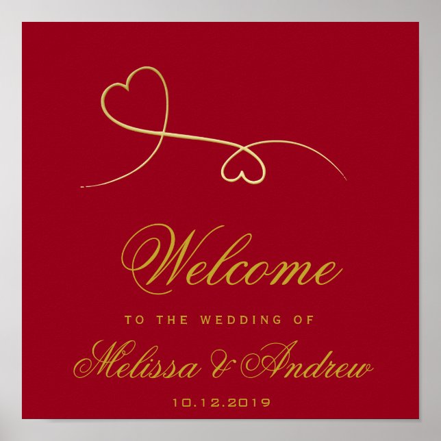 Poster Deux Coeurs Or Élégants | Mariage rouge Bienvenue (Devant)