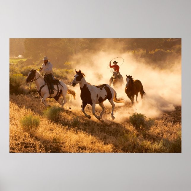 Poster Deux cow-boys occidentaux à cheval, braconnant la  (Devant)