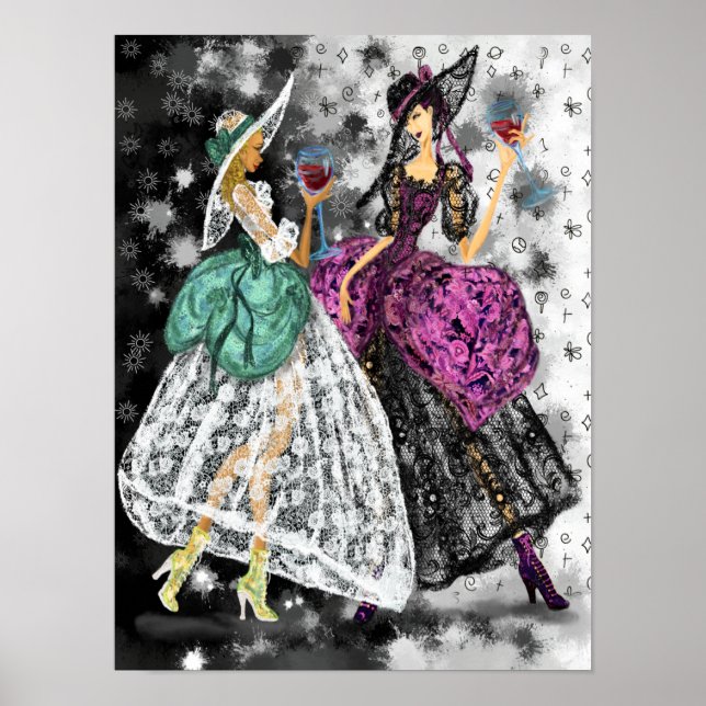 Poster Deux dames en noir et blanc Dentelles modernes (Devant)