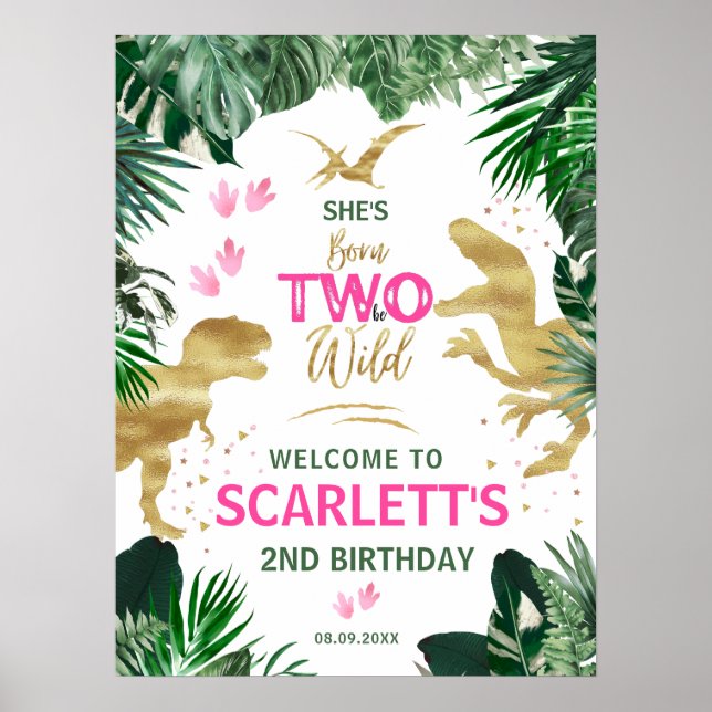 Poster Deux dinosaures roses sauvages2e fête d'anniversai (Devant)