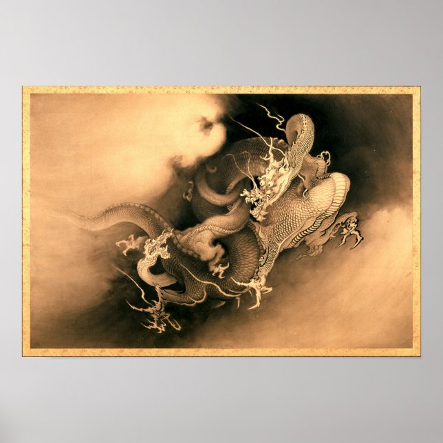 Poster Deux dragons dans les nuages (1885) par Kanō Hōgai (Devant)