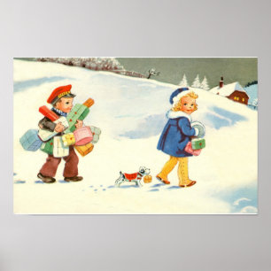 Poster Deux enfants et un chien dans la neige
