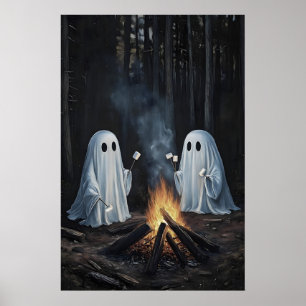 Poster Deux fantômes au feu de camp dans les bois avec de