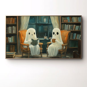 Poster Deux fantômes confortables lisant dans une bibliot