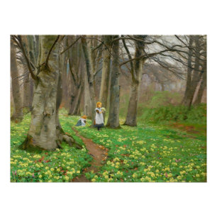 Poster Deux filles cueillant des fleurs dans une forêt pr