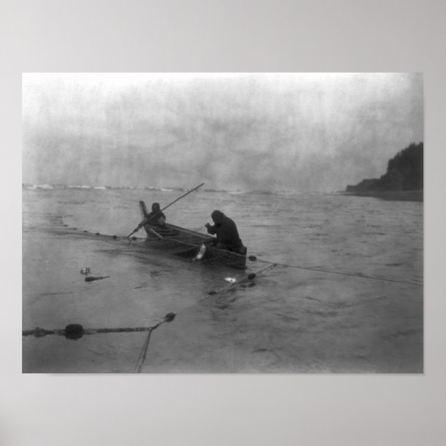 Poster Deux Indiens pêchent sur le lac Quinault en canot (Devant)