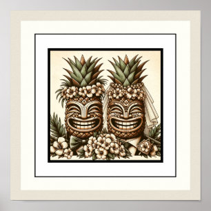 Poster Deux mariés Tête de Tiki d'ananas gay Mariage rétr