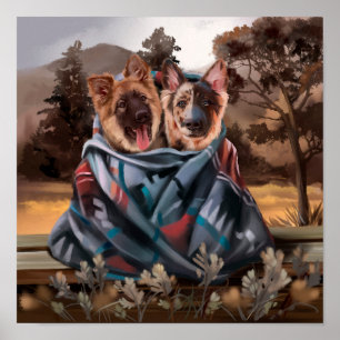 Poster Deux mignons chiots peluches enveloppés dans une c