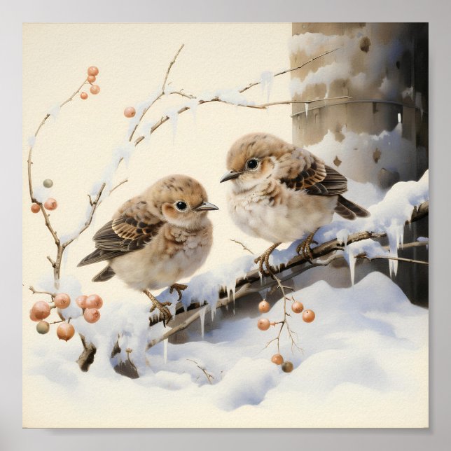 Poster Deux mignons oiseaux sur la branche couverte de gl (Devant)