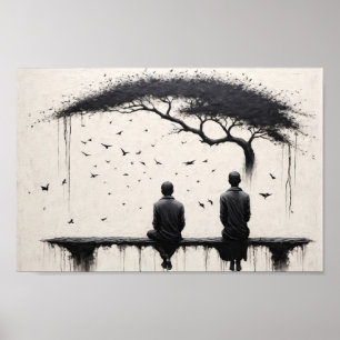 Poster Deux moines contemplent la beauté des arbres et de